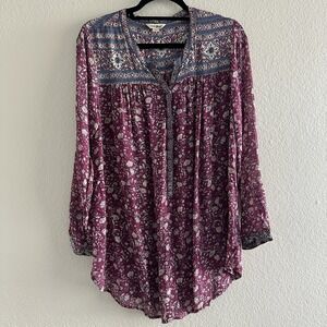 Lucky Brand Shirt Womens 1X Blue Purple Floral Boho Peasant Blouse Long Sleeve